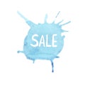 Sale label hand written on watercolor stain background. store sale