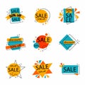 Sale label set. Promotional discount sticker, price tag, website banner in yellow and blue colors, trendy flat geometric bubbles,