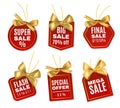 Sale labels. Shopping price tags with silk golden bows, realistic isolated elements. Marketing promotion. Discount