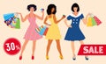 Sale layout. Beautiful girls in colorful dresses with many shopping bags