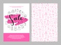 Sale lettering on brushstroke and icons set of women`s clothing