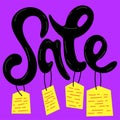 Sale lettering with price tags on a pink background.