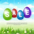 Sale Letters On Easter Eggs Over Blue Sky And Green Grass Background Template Holiday Shopping Card Royalty Free Stock Photo