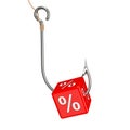 Sale Lure Concept. Red Cube with Percent Symbol Cutched by Fishing Hook. 3d Rendering Royalty Free Stock Photo