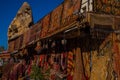 Sale in the market, Turkish Bazaar on the street, front view of different carpets at market in Cappadocia, Turkey Royalty Free Stock Photo