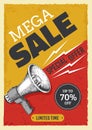 Sale megaphone poster. Vintage bullhorn with sale banner, news and ads grunge flyer concept. Vector alert and attention