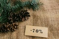 sale minus 70 percent. Christmas tree, cones, tinsel. Seasonal sale, big discounts. Black Friday concept Royalty Free Stock Photo