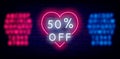 Sale neon emblem in heart. Happy Valentines Day concept with alphabet. Isolated vector stock illustration