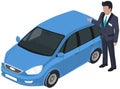 Sale of new car. Seller at automobile showroom shows vehicle. Buying, selling, renting auto