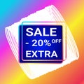 Sale 20% off extra shop now sign holographic blue over art white round bangles shapes on colorful gradient Royalty Free Stock Photo