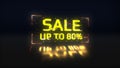 Sale 80% off glitch banner. Yellow neon discount offer price tag