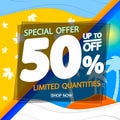 Sale 50% off, poster design template, discount banner, special offer, end of season, vector illustration Royalty Free Stock Photo
