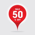 Sale 50 % off - vector concept graphic illustration. Red circle discount sticker design. Abstract location sign