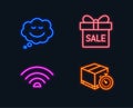 Sale offer, Speech bubble and Wifi icons. Delivery timer sign. Gift box, Comic chat, Wi-fi internet. Royalty Free Stock Photo