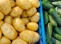 Sale of organic food products at the farmer's market. Fresh potatoes and cucumbers on the counter close-up Royalty Free Stock Photo