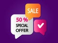 Sale 50 percent off banner. Purple background with offer message. Discount sticker shape. Hot offer icon. Best advertising coupon