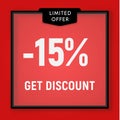 Sale 15 percent off, get discount website button. Shop window, behind glass design. vector illustration