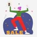 Sale of phones. Buy a phone as a gift. The girl advertises the phone with a discount. Vector illustration.