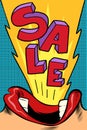 Sale. Pop art style. Female mouth