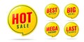 Sale pop-up banner yellow stickers label with different. hot sale, best offer, big deal, mega discount, last chance price