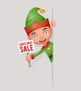 Sale Poster Broadsheet Advert Look Out Corner Boy Cute Elf Christmas Santa Claus Helper Teen New Year Holiday 3d Cartoon Royalty Free Stock Photo