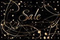 Sale poster design with black background, gold text, blot paint drops glitter