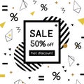 Sale poster with geometric shapes. Hot discount illustration. Vector background in retro 80s, 90s memphis style. Royalty Free Stock Photo