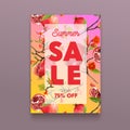 Sale Poster with Pomegranate Fruits, Flowers and Leaves on Branches. Organic Natural Production, Farm Products Shop
