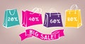 Sale poster in pop art style. Retro ribbon, colorful paper bags with white contour and discount percentages