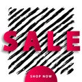 Sale poster with red paper cut elements on black stripy background. Advertisement banner with hand drawn elements