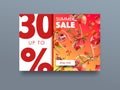 Sale Poster with Ripe Pomegranate Fruits, Flowers and Leaves on Branches. Garnet Organic Natural Cosmetics