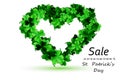 Sale poster for St. Patrick`s Day. Vector illustration, green leaf of clover in the form of a heart eps10 Royalty Free Stock Photo