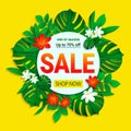 Sale poster. Summer sellout banner. trendy tropical style. Floral jungle background with exotic tropic flowers, leaves Royalty Free Stock Photo
