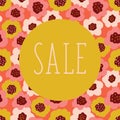 Sale poster vector template with colorful floral background. Circle on Coral, gold, beige, pink Scandinavian doodle flowers