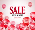 Sale red balloons vector banner. Flying red balloons with 50 percent off