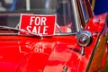 FOR SALE red sign on classic antique car Royalty Free Stock Photo