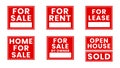 For sale, for rent, sold writings on red boards on white background. Pictogram, icon set illustration