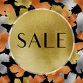 Sale round golden background with autumn metallic gold copper silver leaves behind on black. Fall metallic paint grape vine leaves
