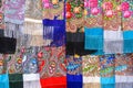 Sale of Russian decorative multi-colored scarves. Russia, Suzdal, September 2017.