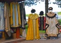 Sale of the Russian national suits attires at a fair of folk art. Uglich, Yaroslavl region Royalty Free Stock Photo