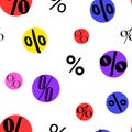 Sale seamless pattern with percent on the colored circles. Vector background Royalty Free Stock Photo