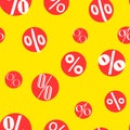 Sale seamless pattern with percent on the red circles. Vector