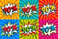 Sale set. Sale ninty percent 90 off tags on a Comics style bang shape background. Pop art comic discount promotion Royalty Free Stock Photo