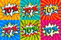 Sale set. Sale seventy percent 70 off tags on a Comics style bang shape background. Pop art comic discount promotion Royalty Free Stock Photo