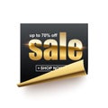 Sale shiny gold word on black sticker with curled edge, 3d realistic advertising banner Royalty Free Stock Photo