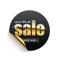 Sale shiny gold word on black sticker with curled edge, 3d realistic advertising banner Royalty Free Stock Photo