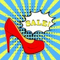 Sale shoes banner in comic book pop art style with red high heel