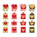 Sale shop bag basket and cart icons set. Discount symbol. Special offer label with hearts. Vector stickers