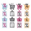 Sale shop bag basket and cart icons set. Discount symbol. Special offer labels. Vector stickers Royalty Free Stock Photo