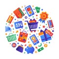 Sale and Shopping Circle Arrangement with Flat and Colorful Icon Vector Template